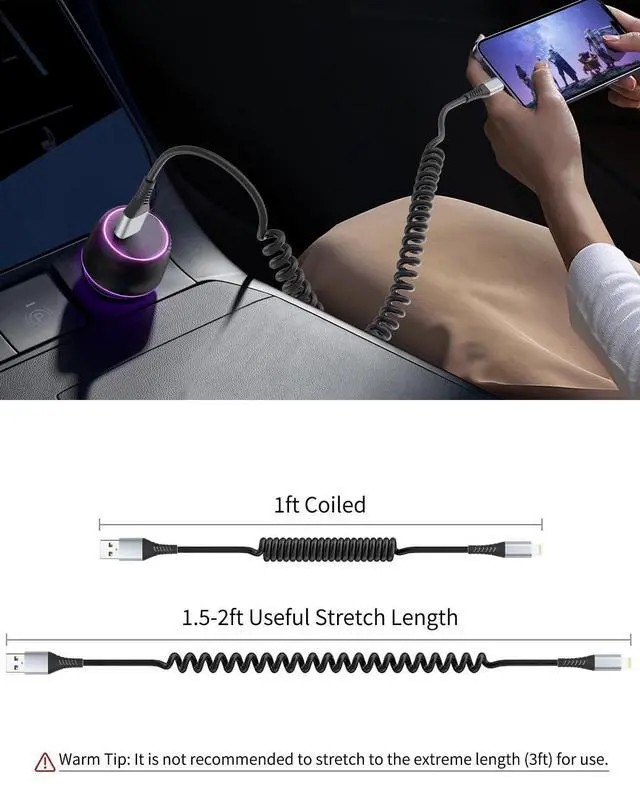 Alt view image 11 of 12 - Coiled Lightning Cable 2 Pack Retractable iPhone Charger Cord for Car USB to Lightning Cable Fast Charging Compatible with CarPlay iPhone 14 13 12 11 Pro Max Mini 10 8 Plus XR SE AirPods