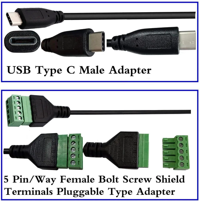 Alt view image 16 of 18 - Type C USB Screw Terminal Block Connector Cable 2.0 Type C USB Male Plug to 5 Pin Way Female Bolt Screw with Shield terminals Pluggable Type Adapter Connector Converter Cable30CM2Pack Male