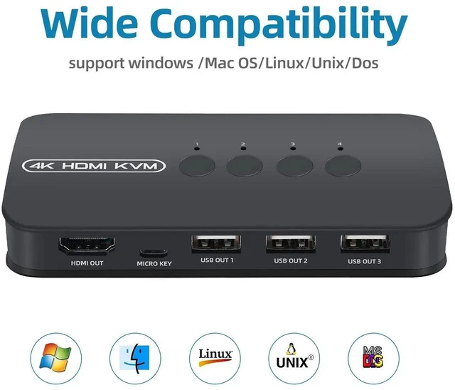 Alt view image 18 of 19 - 4K HDMI KVM Switch, 4 Port HDMI USB Switch for 4 Computer Share a 4K@30Hz Monitor and 3 USB Device Keyboard Mouse Printer, Including 4 KVM Cables
