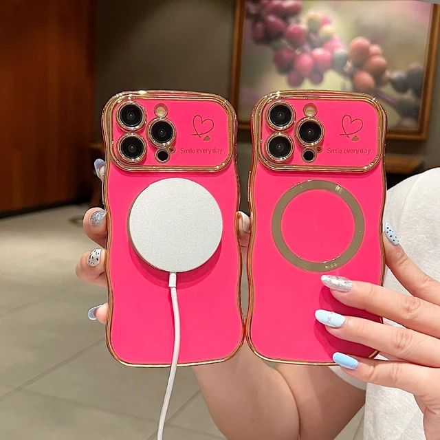 Alt view image 10 of 12 - for iPhone 14 Pro Max Case Magnetic,for Women Girls Soft Cute Wave Frame Curly Shape Love Heart Luxury Plating Phone Case Compatible with MagSafe Shockproof Back Cover 6.7"-Hot Pink