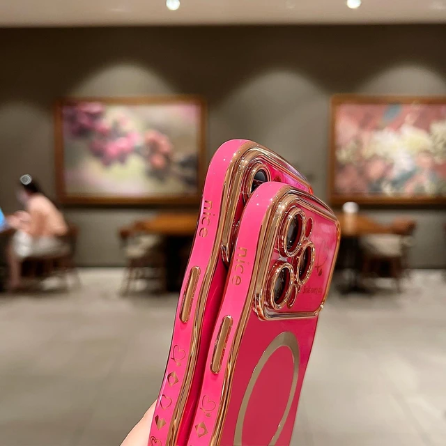 Alt view image 12 of 12 - for iPhone 14 Pro Max Case Magnetic,for Women Girls Soft Cute Wave Frame Curly Shape Love Heart Luxury Plating Phone Case Compatible with MagSafe Shockproof Back Cover 6.7"-Hot Pink