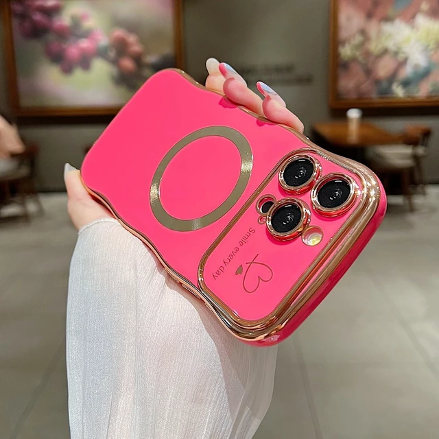 Alt view image 11 of 12 - for iPhone 14 Pro Max Case Magnetic,for Women Girls Soft Cute Wave Frame Curly Shape Love Heart Luxury Plating Phone Case Compatible with MagSafe Shockproof Back Cover 6.7"-Hot Pink