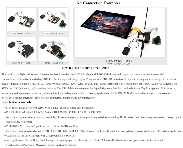 Alt view image 12 of 14 - ESP32-P4-NANO Development Board, Uses ESP32-P4 Chip with RISC-V Dual-Core and Single-Core Processors, Human-Machine Interfaces: MIPI-CSI, MIPI-DSI, USB, ETH. Comes with Speaker + RPi Camera, 4 Items