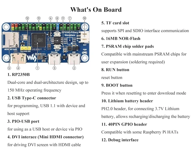 Alt view image 9 of 14 - RP2350-PiZero Development Board, Based On RP2350 Dual-Core & Dual-Architecture Chip, 16MB Flash Memory, DVI Interface, TF Card Slot, PIO-USB Port, 40PIN GPIO, Compatible with Raspberry Pi Hats, LCD