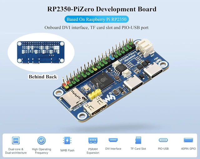 Alt view image 10 of 14 - RP2350-PiZero Development Board, Based On RP2350 Dual-Core & Dual-Architecture Chip, 16MB Flash Memory, DVI Interface, TF Card Slot, PIO-USB Port, 40PIN GPIO, Compatible with Raspberry Pi Hats, LCD