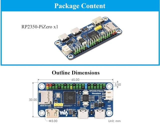 Alt view image 14 of 14 - RP2350-PiZero Development Board, Based On RP2350 Dual-Core & Dual-Architecture Chip, 16MB Flash Memory, DVI Interface, TF Card Slot, PIO-USB Port, 40PIN GPIO, Compatible with Raspberry Pi Hats, LCD