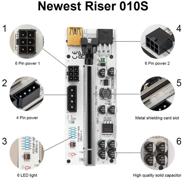 Alt view image 7 of 12 - 4pcs PCI-E Express 1x to 16x Riser 010S Card Adapter PCIE 1 to 4 Extender Slot 4 Port Multiplier Card for BTC Bitcoin Miner