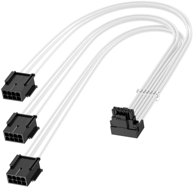 Alt view image 6 of 10 - Bangfun 90 Degree 16Pin RTX 4090 GPU Power Cable, PCIE 5.0 16Pin to 3X8Pin Male to Female Right Angled 12VHPWR GPU Extension Cable Adapter for GeForce RTX 3090Ti 4080 Super 5080 5070 Ti-13inch White