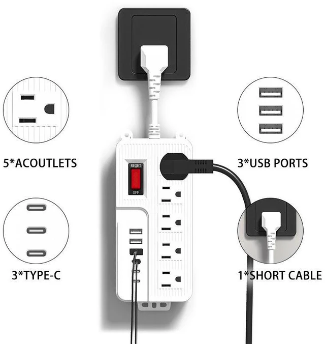 Alt view image 11 of 15 - USA-05 US Power Strip, 3-Outlet Surge Protector with 2 USB-A Ports (5V/2.1A), 1.5m Extension Cord Overload Protection, All-Copper Conductors, UL94 V-2 Flame Retardant 1250W/10A