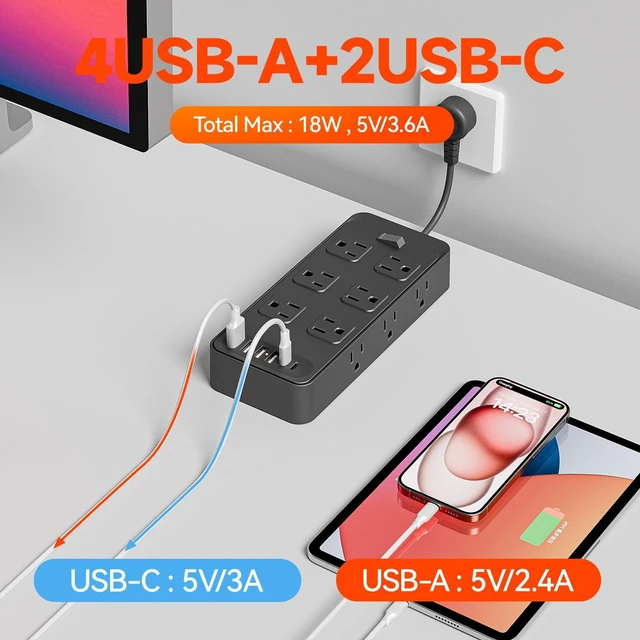 Alt view image 14 of 19 - LP14 US Mini Power Strip, 3-Outlet Surge Protector with 4 USB Ports (2 USB-A + 2 USB-C), 1250W/10A Ultra-Short 3-inch Cable, Wall Mountable for Home Office Travel Black