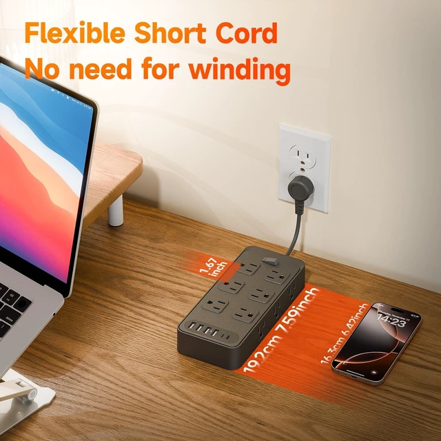 Alt view image 17 of 19 - LP14 US Mini Power Strip, 3-Outlet Surge Protector with 4 USB Ports (2 USB-A + 2 USB-C), 1250W/10A Ultra-Short 3-inch Cable, Wall Mountable for Home Office Travel Black