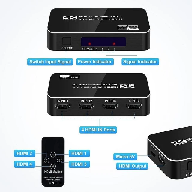 Alt view image 14 of 17 - 4x1 HDMI 2.0 Switch 4K@60Hz - 4 in 1 Out HDMI Switcher with Remote, HDCP 2.2, HDR, Dolby Vision, 18Gbps, Auto-Switching, for Gaming & Home Theater