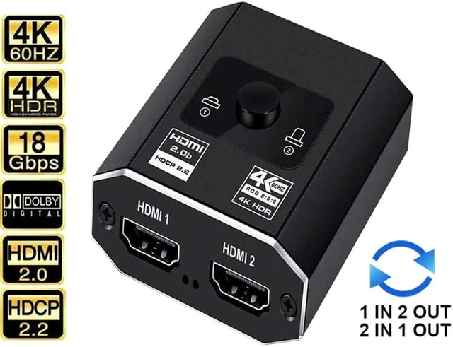 Alt view image 15 of 20 - 4K 60HZ HDMI 2.0b Switch with HDMI Cable, 4K HDMI Splitter HDMI Switch 2 in 1 Out/ 1 in 2 Out Supports 4K 60HZ 18Gbps VRR HDCP 2.2 HDR10 D-olby Vision for PS4/PS5,SkYQ, Roku, Apple TV, Fire Stick
