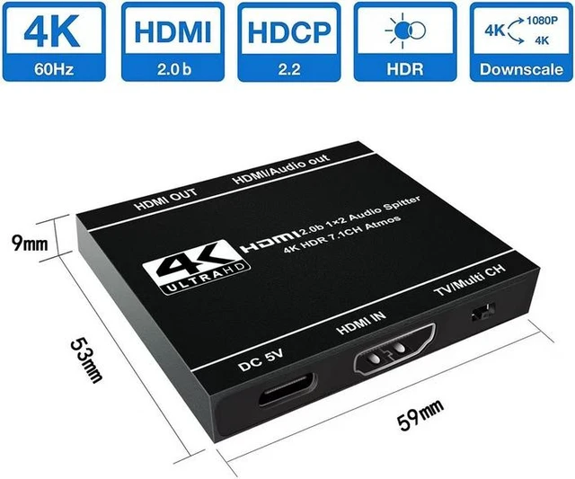 Alt view image 15 of 17 - Torpedo Nova HDMI 2.0 1x2 Splitter with Scaler, 4K@60Hz HDCP 2.2 Bypass, Dolby Atmos & HDR Support
