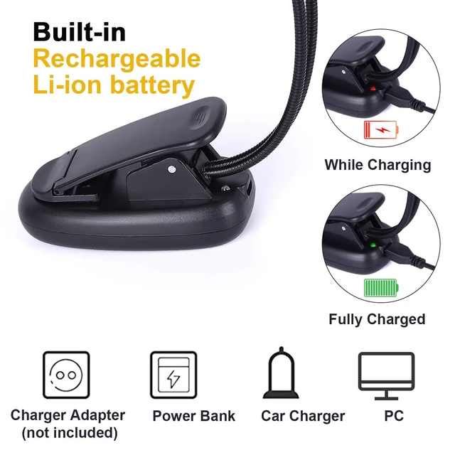 Alt view image 10 of 14 - Rechargeable Music Stand Light, Clip on Reading Light, 8 LED Book Lamp, 3-Level Brightness for Eye Protection, Perfect for Piano, Orchestra, Bookworms, Craft (White & Warm, Dual Arm)