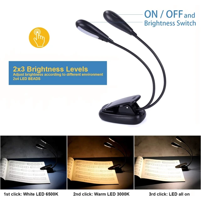 Alt view image 9 of 14 - Rechargeable Music Stand Light, Clip on Reading Light, 8 LED Book Lamp, 3-Level Brightness for Eye Protection, Perfect for Piano, Orchestra, Bookworms, Craft (White & Warm, Dual Arm)