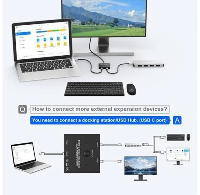 Alt view image 13 of 14 - WISDUM 8K USB C Switch, USB C Switcher for 2 Computers Bi-Directional, USB C KVM Switch with Wired Remote & 2 USB-C Cables, for 100W Charging+10Gbps Data+Video Transfer, 8K@60Hz/4K@144Hz