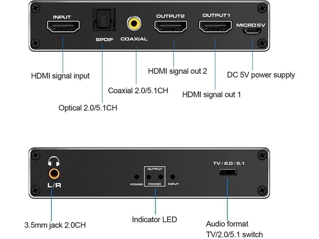 Alt view image 16 of 20 - HDMI Splitter 1 in 2 Out with 3.5mm, Coaxial & Optical SPDIF audio out - 4K Ver HDMI2.0 HDCP2.2, Powered HDMI Splitter Supports 3D 4K@60HZ Full HD1080P for Xbox PS4 PS3 Fire Stick Roku Blu-Ray Player