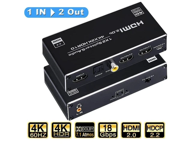 Alt view image 15 of 20 - HDMI Splitter 1 in 2 Out with 3.5mm, Coaxial & Optical SPDIF audio out - 4K Ver HDMI2.0 HDCP2.2, Powered HDMI Splitter Supports 3D 4K@60HZ Full HD1080P for Xbox PS4 PS3 Fire Stick Roku Blu-Ray Player
