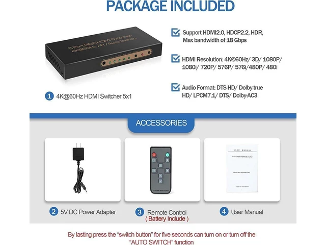 Alt view image 19 of 20 - 4K @60HZ HDMI Switch 5x1, HDMI 2.0 Switch 5 in 1 Out, 4K HDMI Switch with Remote Control Support Auto Switch, 3D, HDR 10, 18Gbps, HDCP 2.2 for PS5, Xbox, DVD, Monitor eokCXOY