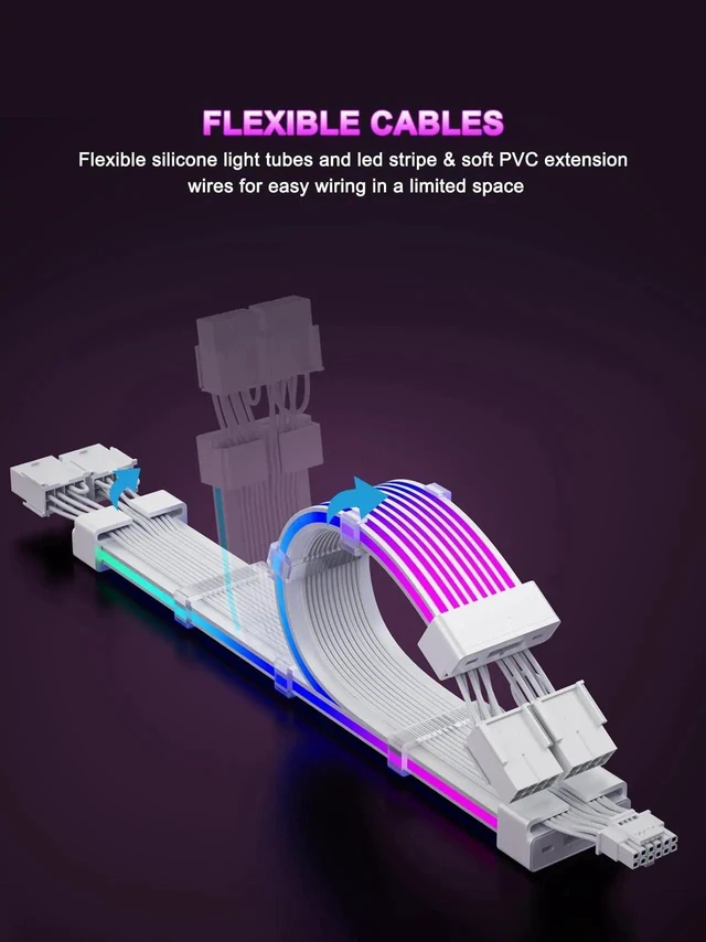 Alt view image 16 of 20 - RGB 12VHPWR Cable Set,ARGB PSU Extension of Soft LED Strip Include 24Pin ATX,16 Pin to 2×8 Pin GPU Power Supply Cables for RTX 5090 5080 4080 PC Custom