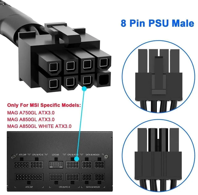 Alt view image 14 of 19 - PCIe Cable for M SI Power Supply, PCIe 8 Pin Male to 6+2 Pin Male GPU Power Extension, 18AWG 10A Modular PSU Cable for M SI MAG A750GL A850GL -25.6 inch(65CM) Black Braided
