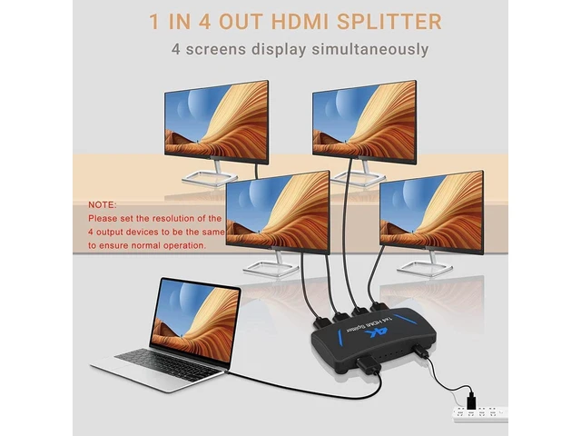 Alt view image 15 of 20 - 1x4 HDMI Splitter, 1 in 4 Out HDMI Splitter Audio Video Distributor Box Support Full HD 3D & 4K x 2K Compatible for Projector, HDTV, STB, DVD, PS3 Etc eokCXOY
