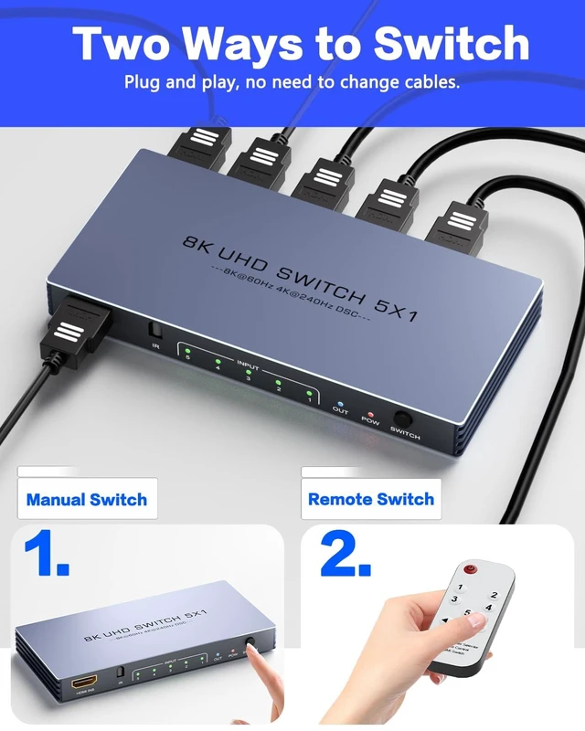 Alt view image 11 of 12 - HDMI Switch 4K 240Hz - New Upgrade 5 in 1 Out 8K@60Hz 4K@240Hz HDMI Switch with Remote Support 3D/HDR/HDCP2.3, Compatible with PS5/4 Xbox Roku Apple TV Fire Stick 8k HDMI2.1 Switcher