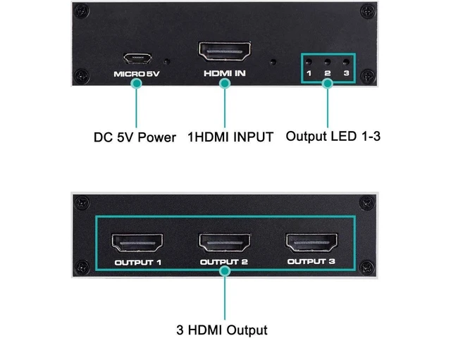 Alt view image 19 of 20 - 1x3 HDMI Splitter, 1 in 3 Out HDMI Splitter Audio Video Distributor Box Support 3D & 4K x 2K Compatible for HDTV, STB, DVD, PS3, Projector Etc eokCXOY