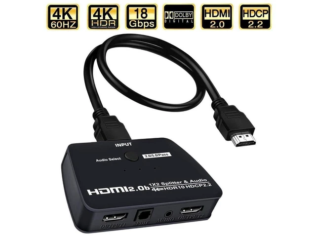Alt view image 15 of 20 - HDMI Splitter 1 in 2 Out with 3.5mm Jack & Optical SPDIF audio out - 4K Ver HDMI2.0 HDCP2.2, Powered HDMI Splitter Supports 3D 4K@60HZ Full HD1080P for Xbox PS4 PS3 Fire Stick Roku Blu-Ray Player TV