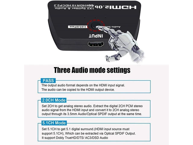 Alt view image 18 of 20 - HDMI Splitter 1 in 2 Out with 3.5mm Jack & Optical SPDIF audio out - 4K Ver HDMI2.0 HDCP2.2, Powered HDMI Splitter Supports 3D 4K@60HZ Full HD1080P for Xbox PS4 PS3 Fire Stick Roku Blu-Ray Player TV