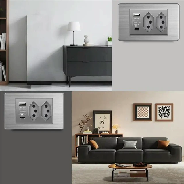 Alt view image 5 of 6 - Dual USB Type-C Wall Power Socket Brazilian Standard Socket Light Switch 20A Fast Charge 20W On/Off 2 BR Socket BR Plug