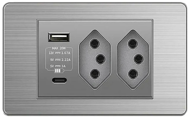 Alt view image 4 of 6 - Dual USB Type-C Wall Power Socket Brazilian Standard Socket Light Switch 20A Fast Charge 20W On/Off 2 BR Socket BR Plug