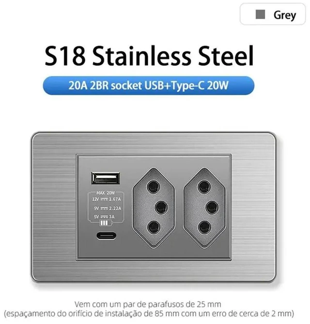 Alt view image 6 of 6 - Dual USB Type-C Wall Power Socket Brazilian Standard Socket Light Switch 20A Fast Charge 20W On/Off 2 BR Socket BR Plug