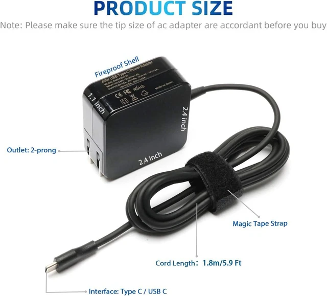 Alt view image 9 of 12 - 45W Type C Quick Charger for Asus Chromebook C302CA C302C C302 C101PA C101P C101 C213SA C213S C213 C523NA C523N C523 C214MA C214M C223NA C223N C423NA C204MA Flip Laptop Power Supply Adapter Cord