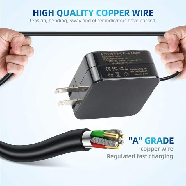 Alt view image 11 of 12 - 45W Type C Quick Charger for Asus Chromebook C302CA C302C C302 C101PA C101P C101 C213SA C213S C213 C523NA C523N C523 C214MA C214M C223NA C223N C423NA C204MA Flip Laptop Power Supply Adapter Cord