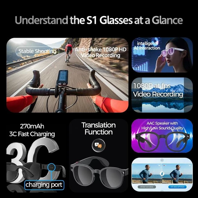 Alt view image 13 of 16 - AIMB-S1 AI Smart Glasses, Real-Time AI Translation & Simultaneous Interpreter, Voice Assistant, AI Image Recognition, 5MP Camera, 1080P Video Recording, AAC Speaker, 270mAh 3C Fast Charging Smart Gl