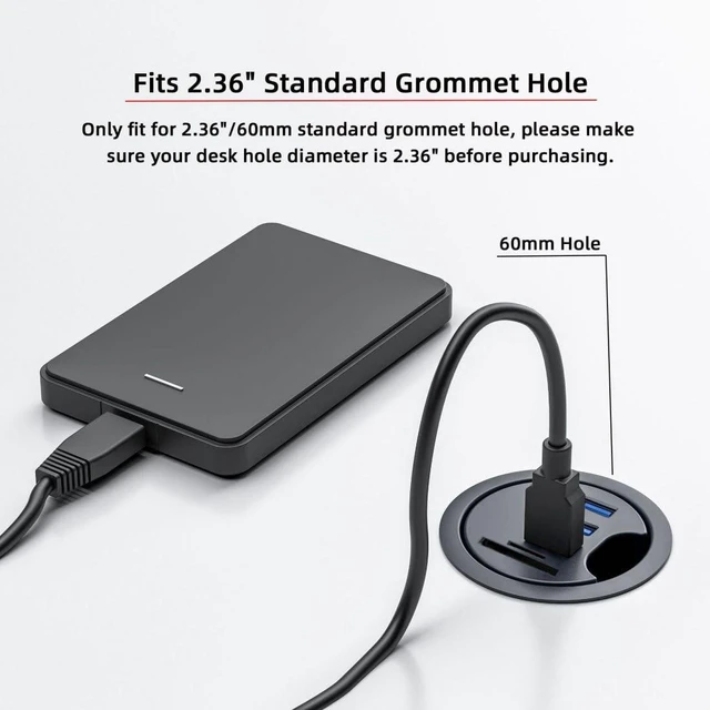 Alt view image 9 of 10 - ChenYang USB 3.0 Flush Mount Desktop HUB,2 USB 3.0 Port/1 USB C Port HUB Grommet Hole 2.36"(60mm) with SD/TF Card Reader Port
