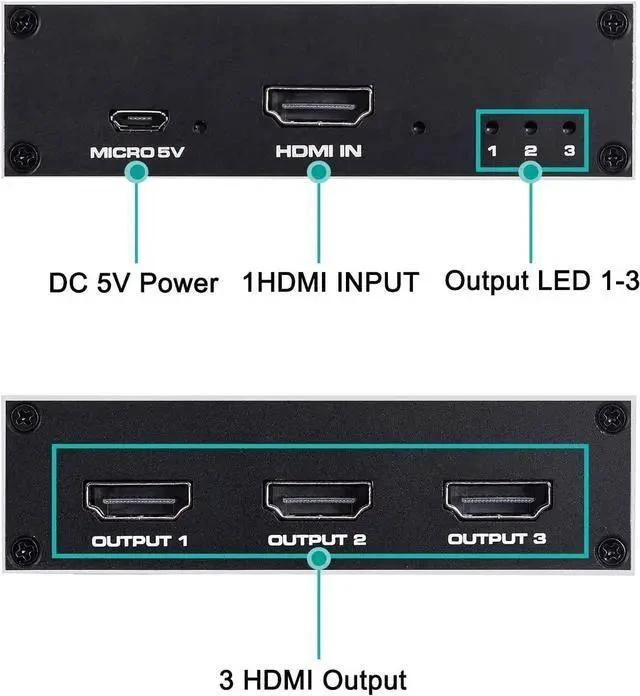 Alt view image 10 of 14 - 1x3 HDMI Splitter, 1 in 3 Out HDMI Splitter Audio Video Distributor Box Support 3D & 4K x 2K Compatible for HDTV, STB, DVD, PS3, Projector Etc