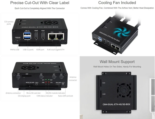 Alt view image 9 of 10 - Waveshare Dual Gigabit Ethernet 5G/4G Mini-Computer Compatible with Raspberry Pi Compute Module 4 (NOT Included) with Metal Case and Cooling Fan