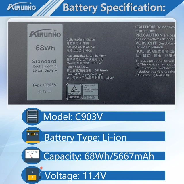 Alt view image 7 of 10 - AURUNHO C903V 68Wh Laptop Battery Replacement for Dell Precision 7760 7560 7550 7750 Series Laptop PKWVM 447VR 17C06 068N03 0CR72X 453-BBCP CR72X 11.4V