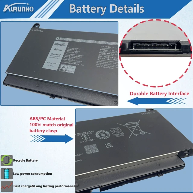 Alt view image 8 of 10 - AURUNHO C903V 68Wh Laptop Battery Replacement for Dell Precision 7760 7560 7550 7750 Series Laptop PKWVM 447VR 17C06 068N03 0CR72X 453-BBCP CR72X 11.4V