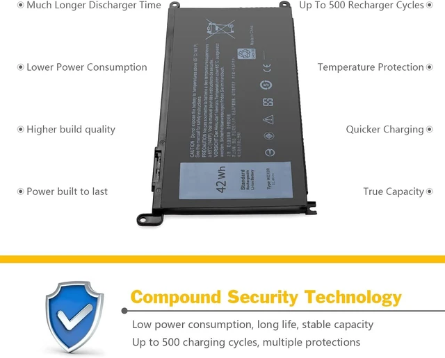 Alt view image 10 of 12 - WDX0R 42Wh Laptop Battery for Dell Inspiron 15 5000 7000 Series 15 5567 7579 5565 5568 5570 5578 5579 7560 7569 7570 7586 7573 13 5379 7378 5368 5378 7368 P69G P69G001 WDXOR Bateria Replacement 11.4V