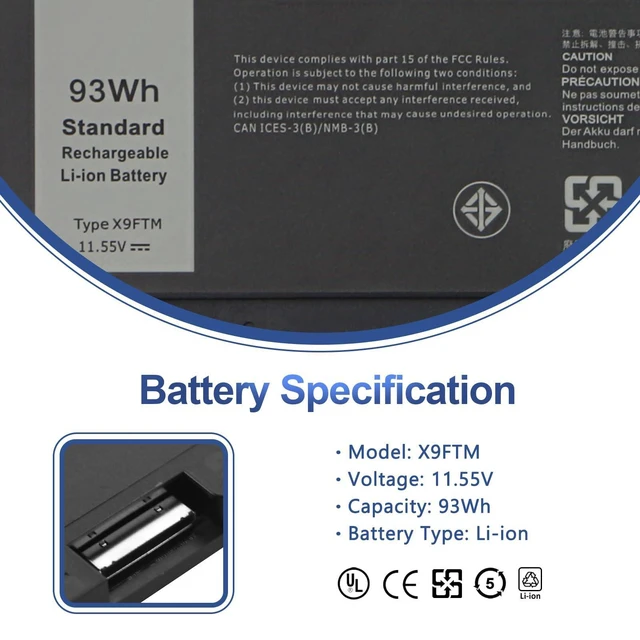 Alt view image 12 of 12 - 93Wh X9FTM Laptop Battery for Dell Precision 7670 7680 7770 7780 Mobile Workstation Series P114F P114F001 P114F002 P115F P115F001 P115F002 5JMD8 965V4 05JMD8 0965V4 0X9FTM 11.55V 6-Cell Battery