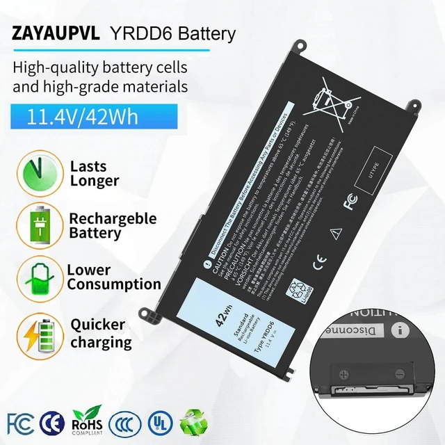 Alt view image 9 of 14 - 42Wh YRDD6 Battery for Dell Inspiron 15 3582 3583 3584 P75F 3593 5584 5585 5590 5593 5594 5598 5582 7586 14 3493 5481 P93G 5482 5485 5491 5482 2-in-1 5493 17 3793 Vostro 5481 5590 1VX1H VM732 OVM732