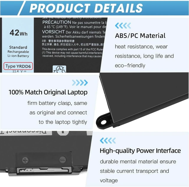 Alt view image 12 of 14 - 42Wh YRDD6 Battery for Dell Inspiron 15 3582 3583 3584 P75F 3593 5584 5585 5590 5593 5594 5598 5582 7586 14 3493 5481 P93G 5482 5485 5491 5482 2-in-1 5493 17 3793 Vostro 5481 5590 1VX1H VM732 OVM732