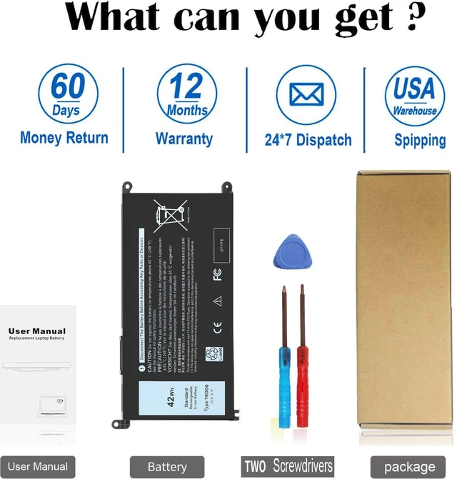 Alt view image 13 of 14 - 42Wh YRDD6 Battery for Dell Inspiron 15 3582 3583 3584 P75F 3593 5584 5585 5590 5593 5594 5598 5582 7586 14 3493 5481 P93G 5482 5485 5491 5482 2-in-1 5493 17 3793 Vostro 5481 5590 1VX1H VM732 OVM732