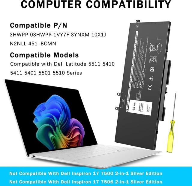 Alt view image 11 of 12 - 68Wh 3HWPP Laptop Battery Compatible with Dell Latitude 5401 5410 5411 5501 5510 5511 Precision 3541 3551 Inspiron 17 7500/7506 2-in-1 Black Edition 10X1J N2NLL 3YNXM 451-BCMN