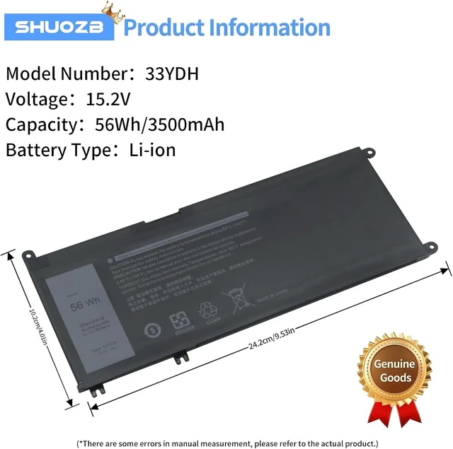 Alt view image 9 of 12 - 56WH 33YDH Laptop Battery for Dell Inspiron 17 Series 7000 7778 7779 7786 7773 15 7577 G3 3579 3779 G5 5587 G7 7588 Latitude 13 3380 14 3490 15 3590 3580 Vostro 15 7580 7570 081PF3 P30E