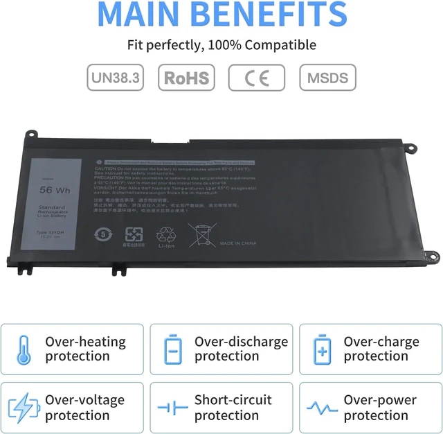 Alt view image 10 of 12 - 56WH 33YDH Laptop Battery for Dell Inspiron 17 Series 7000 7778 7779 7786 7773 15 7577 G3 3579 3779 G5 5587 G7 7588 Latitude 13 3380 14 3490 15 3590 3580 Vostro 15 7580 7570 081PF3 P30E